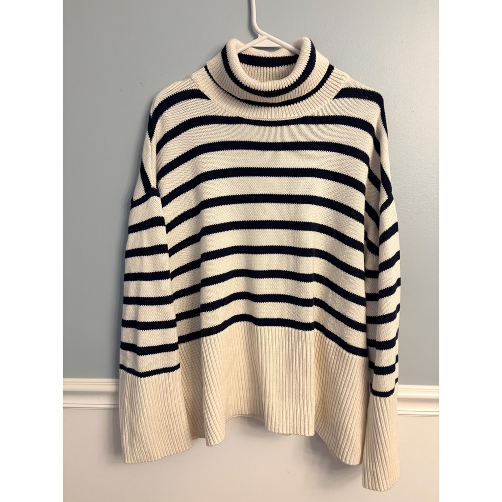 Vintage Y2K Gap Chunky Knit Turtleneck Sweater Striped Navy Cream Womens Large